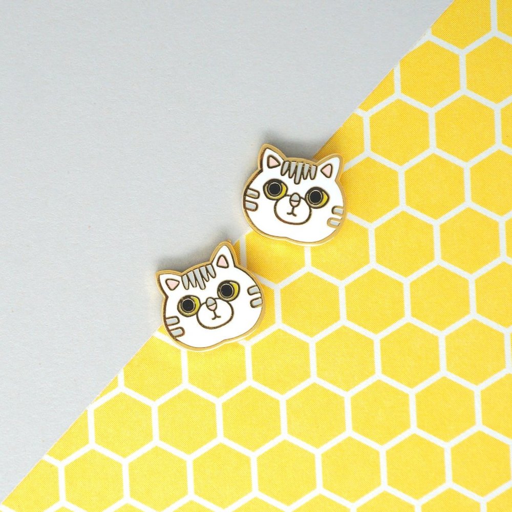 Handcrafted White Tabby Cat Enamel Stud Earrings